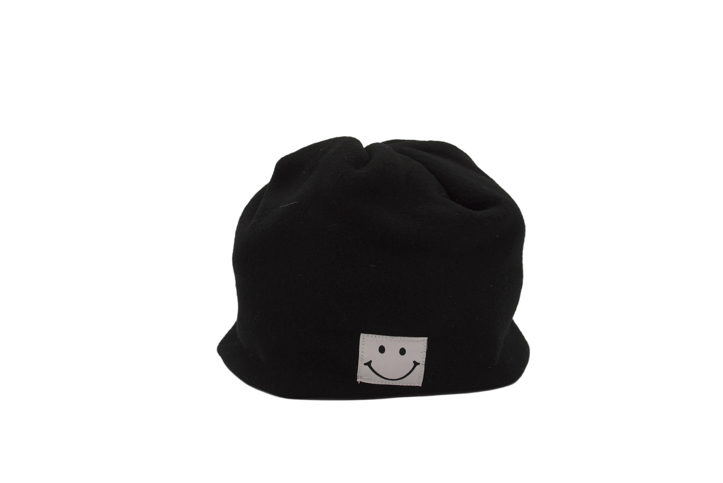 Black beanie with a white smiley face logo on a light gray background