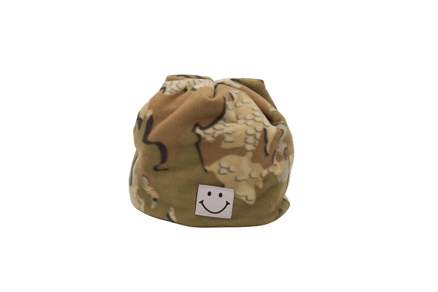 Camouflage-patterned drawstring bag with a smiley face label on a white background