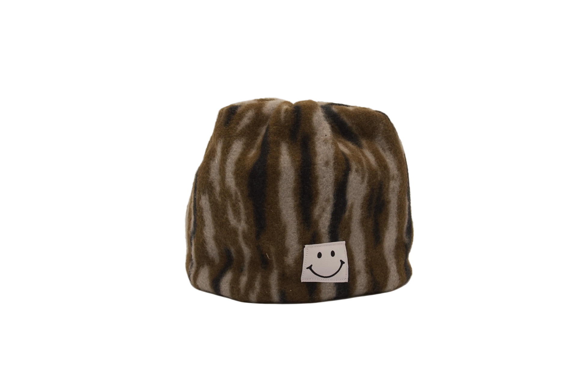 Zebra-striped beanie with a smiley face label on a beige background